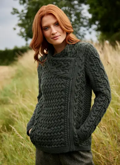 Merino Wool Alannah Aran Biker Jacket in Army Green with Cable and Basketweave Stitches